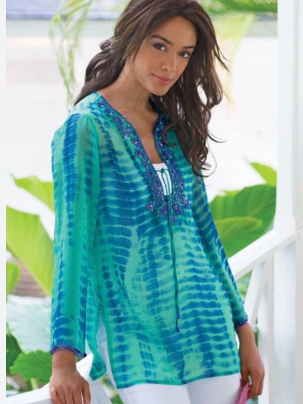 Soft Surroundings Blue/Green Beaded Tie-Dye Cenote Tunic Top, Size Small